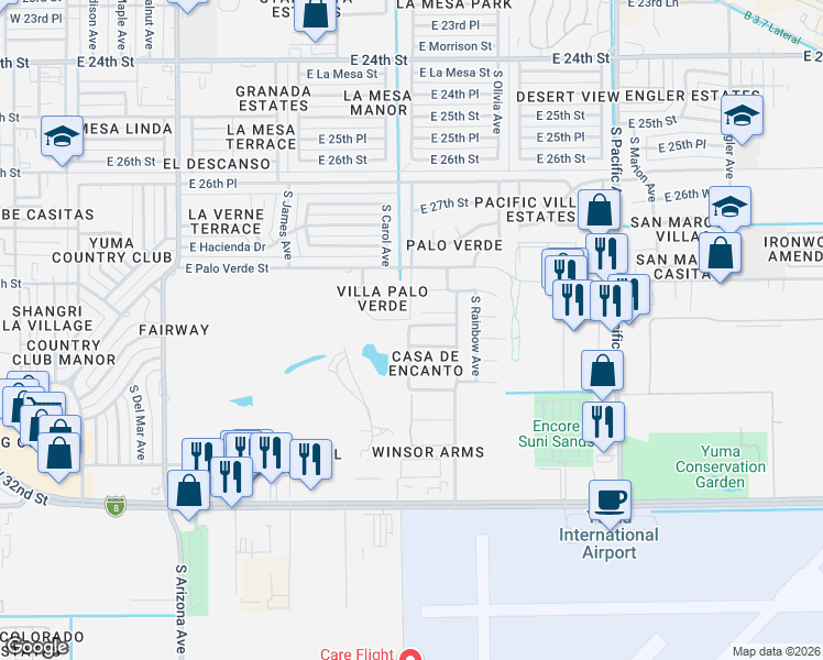 map of restaurants, bars, coffee shops, grocery stores, and more near 3028 South Torrey Pines Circle in Yuma