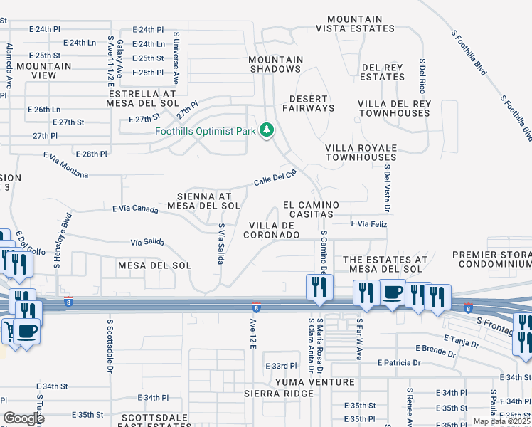 map of restaurants, bars, coffee shops, grocery stores, and more near 12172 East Via Loma Vista in Yuma