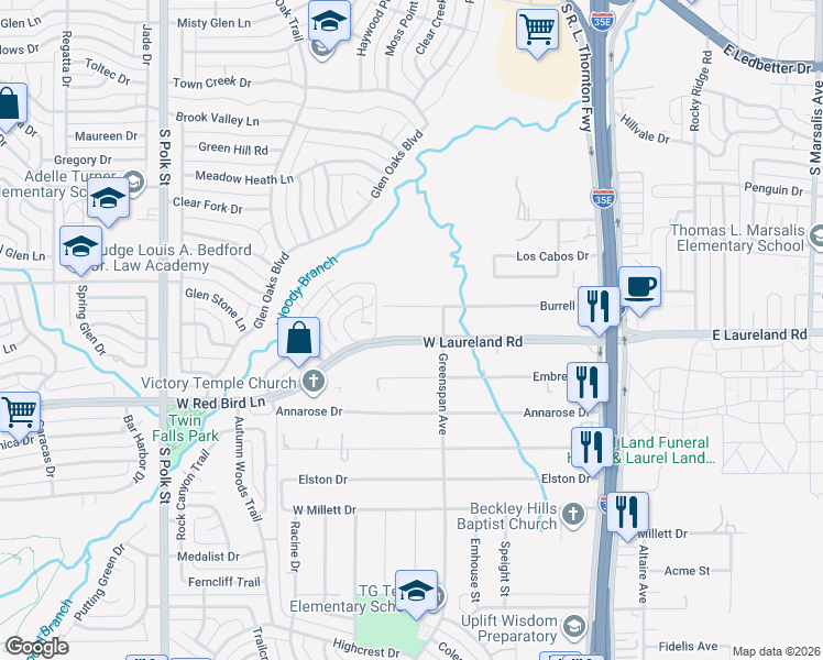 map of restaurants, bars, coffee shops, grocery stores, and more near 546 West Laureland Road in Dallas
