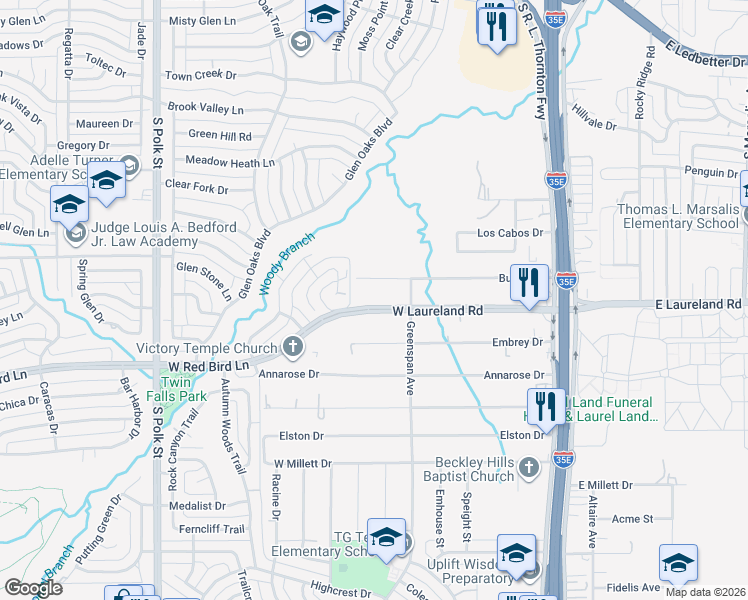 map of restaurants, bars, coffee shops, grocery stores, and more near 546 West Laureland Road in Dallas