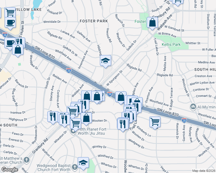 map of restaurants, bars, coffee shops, grocery stores, and more near 3973 West Spurgeon Street in Fort Worth