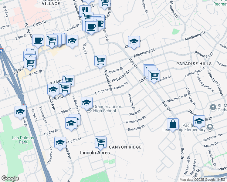 map of restaurants, bars, coffee shops, grocery stores, and more near 2265 Rachael Avenue in San Diego