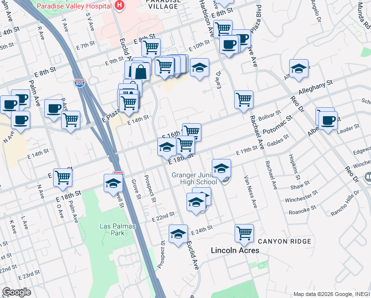 map of restaurants, bars, coffee shops, grocery stores, and more near 1815 South Lanoitan Avenue in National City