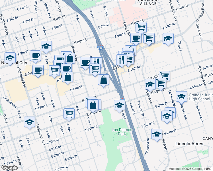 map of restaurants, bars, coffee shops, grocery stores, and more near 1841 East 16th Street in National City