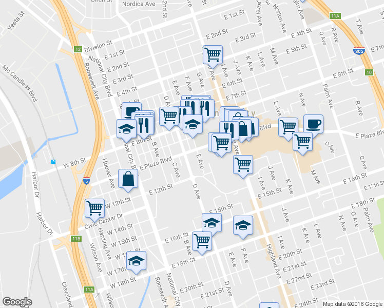 map of restaurants, bars, coffee shops, grocery stores, and more near 1038 D Avenue in National City