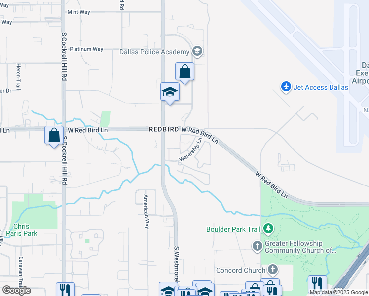 map of restaurants, bars, coffee shops, grocery stores, and more near 5959 Watership Lane in Dallas