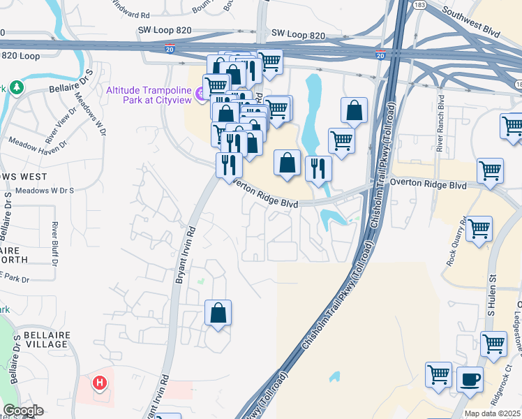map of restaurants, bars, coffee shops, grocery stores, and more near 5761 Remington Circle in Fort Worth