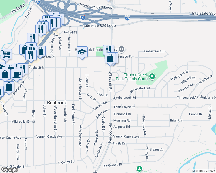 map of restaurants, bars, coffee shops, grocery stores, and more near 1027 Johnson Street in Benbrook