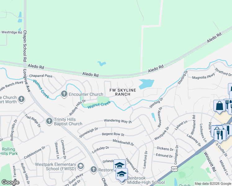 map of restaurants, bars, coffee shops, grocery stores, and more near 8801 Aledo Road in Fort Worth