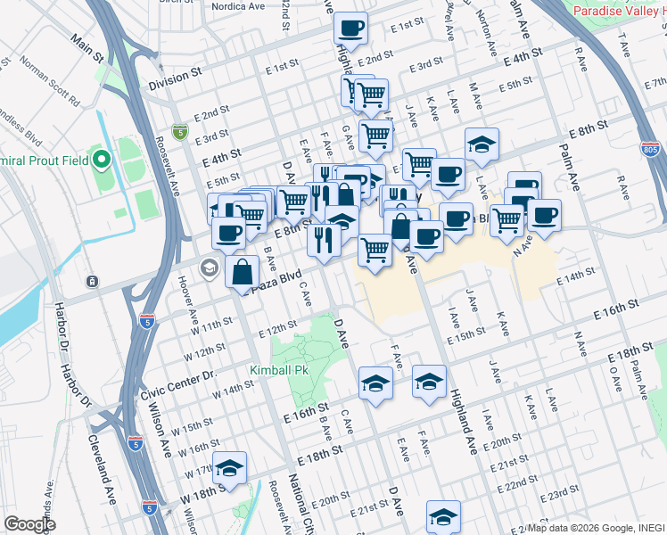 map of restaurants, bars, coffee shops, grocery stores, and more near 2 E Street in National City