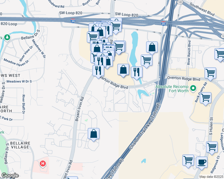 map of restaurants, bars, coffee shops, grocery stores, and more near 5761 Remington Circle in Fort Worth