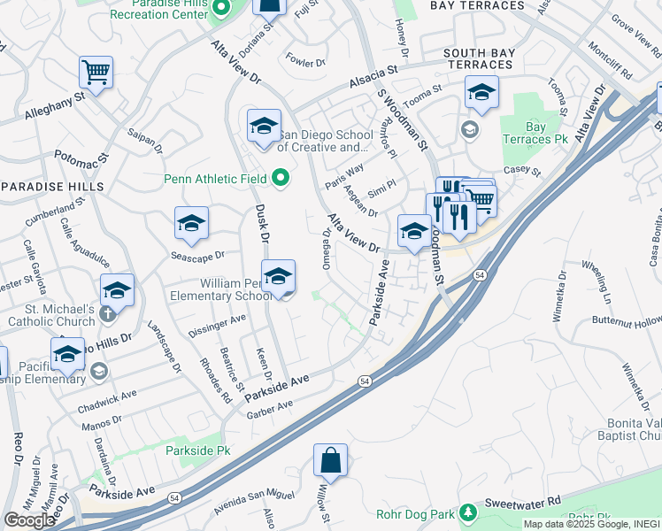 map of restaurants, bars, coffee shops, grocery stores, and more near 6612 Omega Drive in San Diego