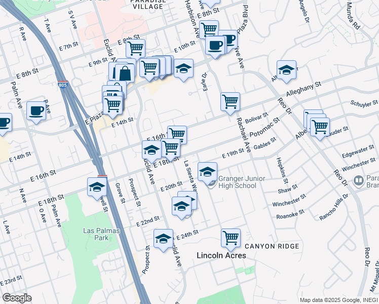 map of restaurants, bars, coffee shops, grocery stores, and more near 2733 East 18th Street in National City