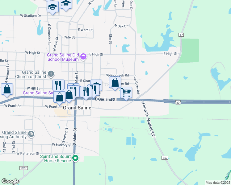 map of restaurants, bars, coffee shops, grocery stores, and more near 505 East Garland Street in Grand Saline