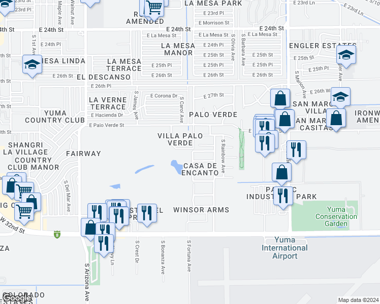 map of restaurants, bars, coffee shops, grocery stores, and more near 3000 South Torrey Pines Circle in Yuma
