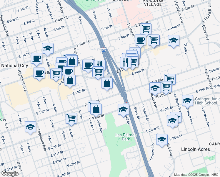 map of restaurants, bars, coffee shops, grocery stores, and more near 1447 Sheryl Lane in National City