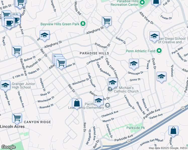 map of restaurants, bars, coffee shops, grocery stores, and more near 2486 Calle Serena in San Diego