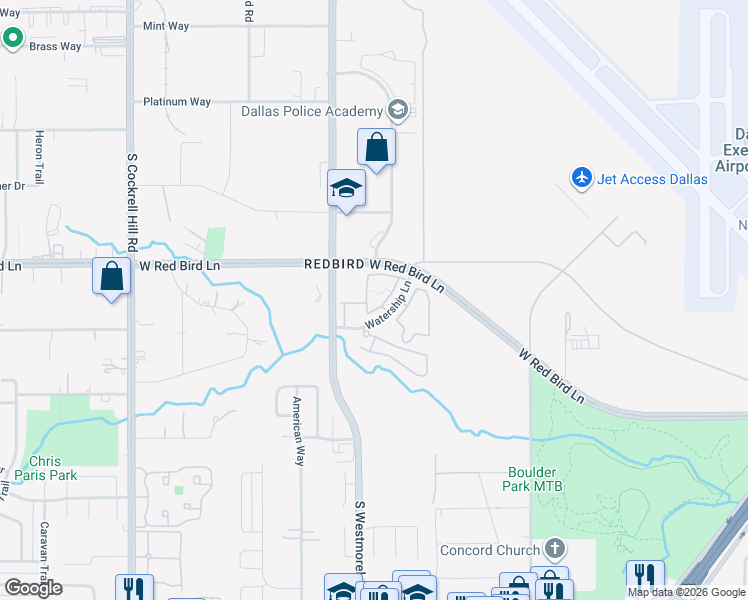 map of restaurants, bars, coffee shops, grocery stores, and more near 5959 Watership Lane in Dallas