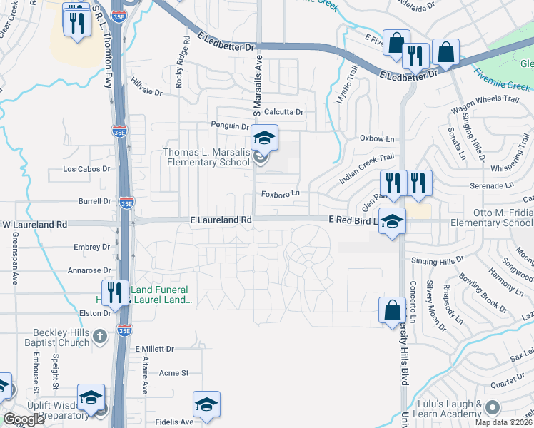 map of restaurants, bars, coffee shops, grocery stores, and more near 702 Foxboro Lane in Dallas