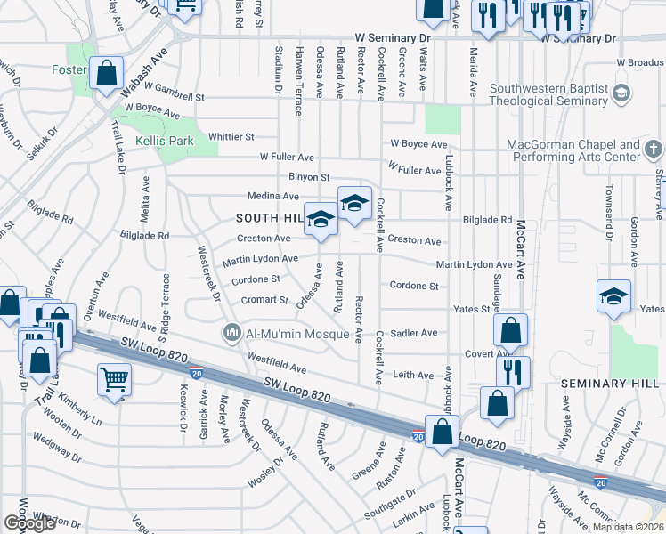 map of restaurants, bars, coffee shops, grocery stores, and more near 3101 Bilglade Road in Fort Worth