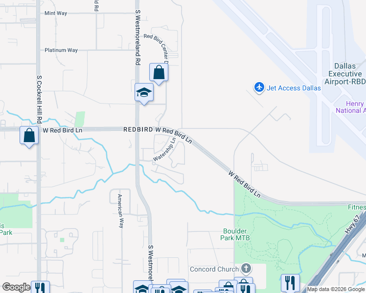 map of restaurants, bars, coffee shops, grocery stores, and more near 3636 West Red Bird Lane in Dallas
