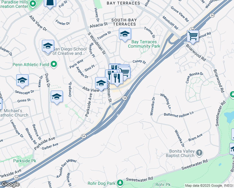 map of restaurants, bars, coffee shops, grocery stores, and more near 2970 Alta View Drive in San Diego