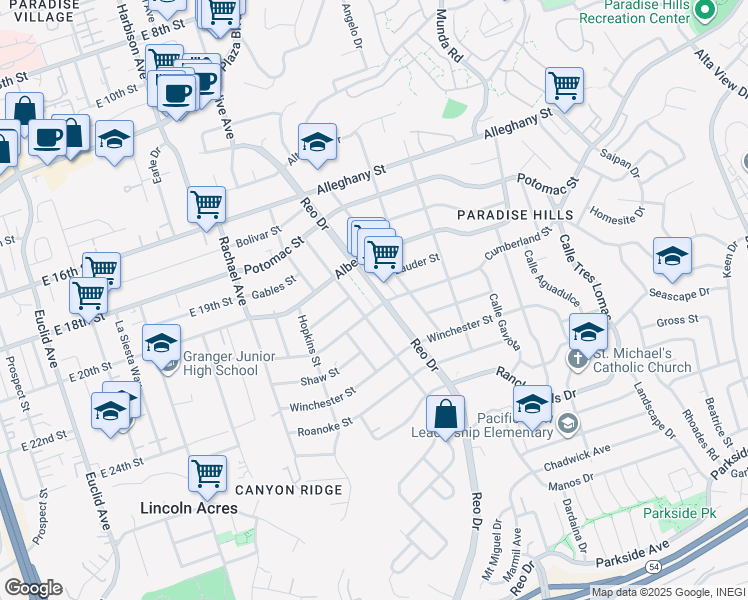 map of restaurants, bars, coffee shops, grocery stores, and more near 2364 Reo Drive in San Diego
