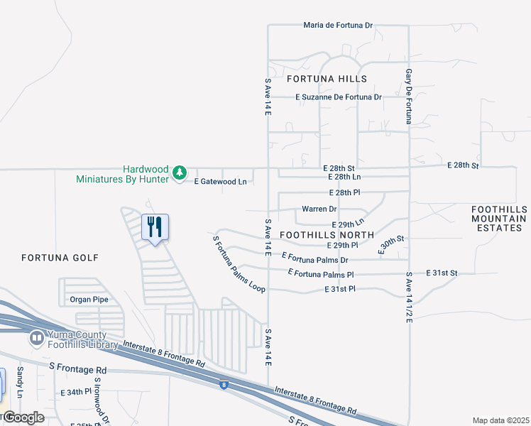 map of restaurants, bars, coffee shops, grocery stores, and more near 10594 Fortuna Palms Avenue in Yuma