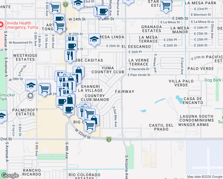 map of restaurants, bars, coffee shops, grocery stores, and more near 261 East Palo Verde Street in Yuma