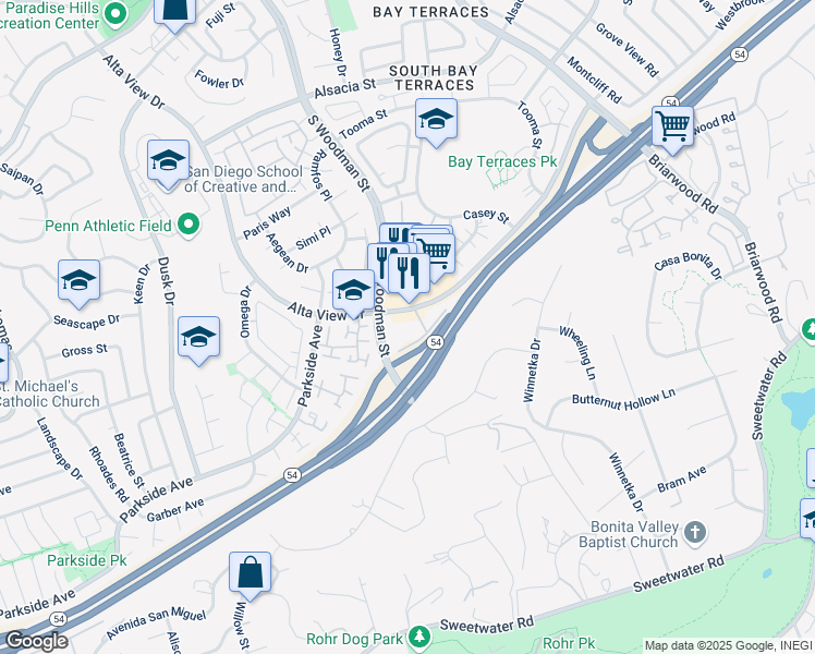 map of restaurants, bars, coffee shops, grocery stores, and more near 2919 Alta View Drive in San Diego