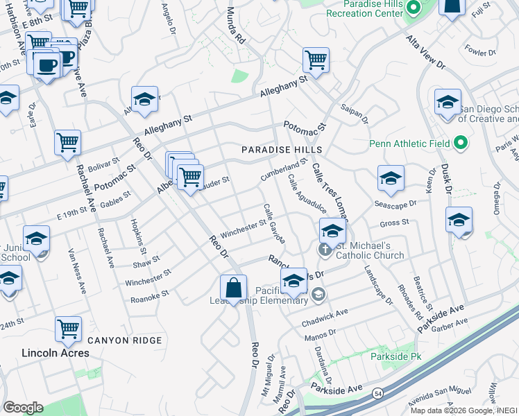 map of restaurants, bars, coffee shops, grocery stores, and more near 2412 Calle Gaviota in San Diego