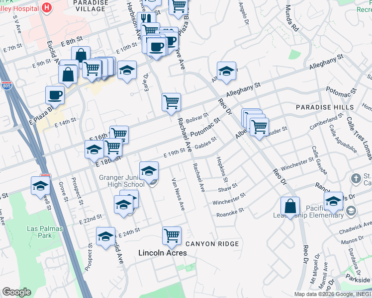 map of restaurants, bars, coffee shops, grocery stores, and more near 5501 Potomac Street in San Diego