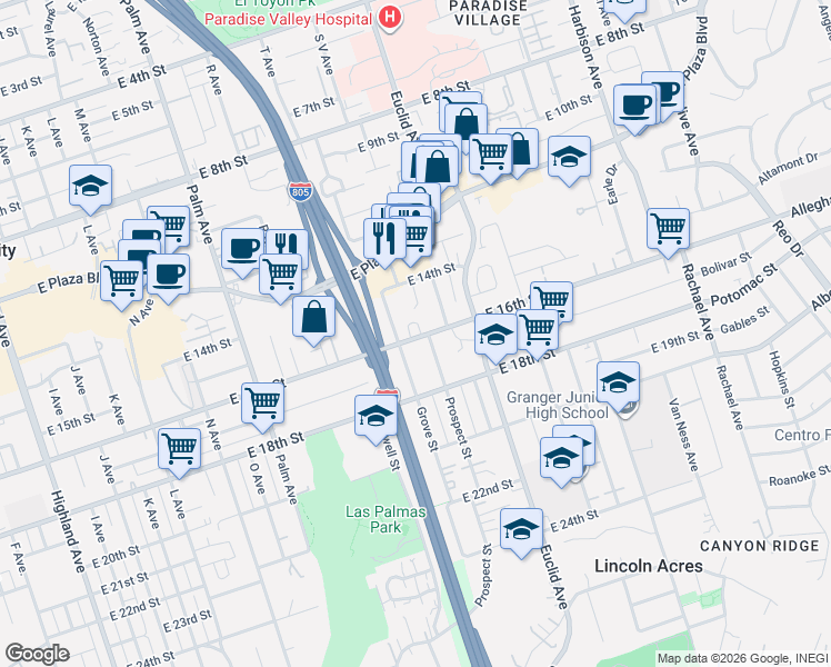 map of restaurants, bars, coffee shops, grocery stores, and more near 1439 Grove Street in National City