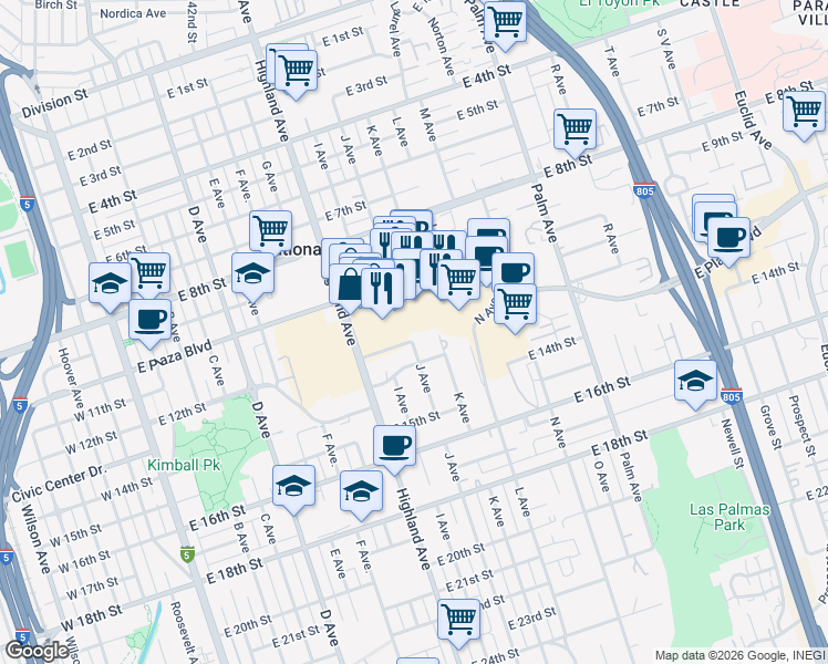 map of restaurants, bars, coffee shops, grocery stores, and more near 1202 East Plaza Boulevard in National City