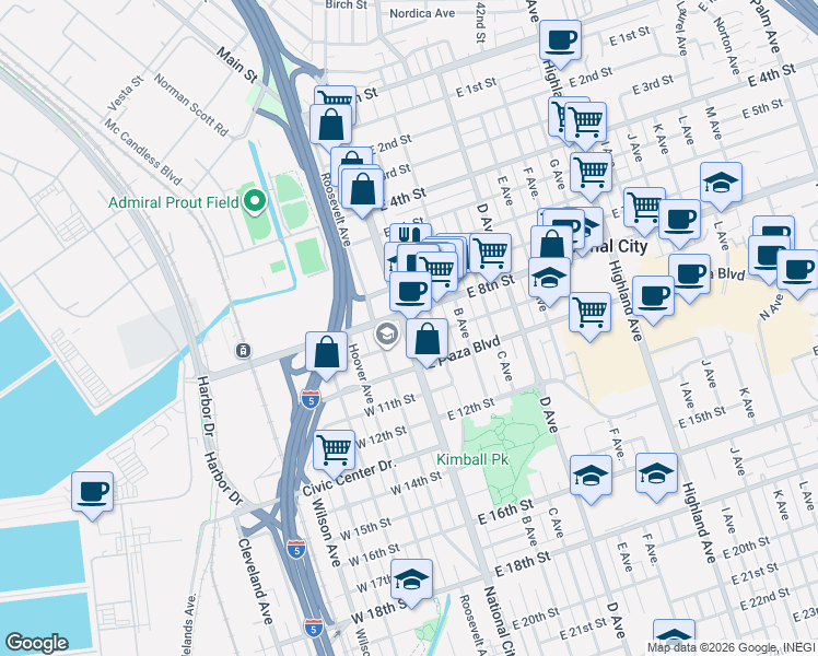 map of restaurants, bars, coffee shops, grocery stores, and more near 29 East 8th Street in National City