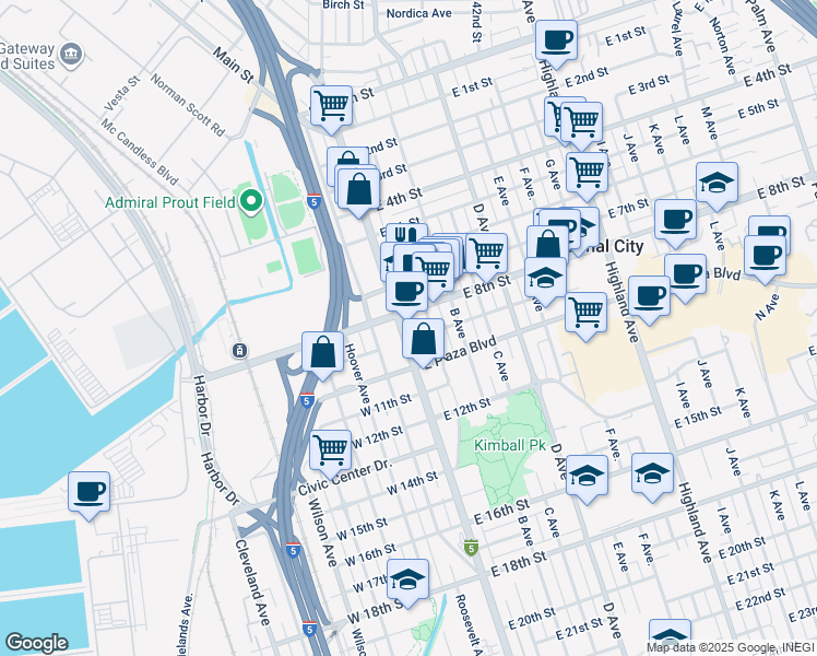 map of restaurants, bars, coffee shops, grocery stores, and more near 29 East 8th Street in National City