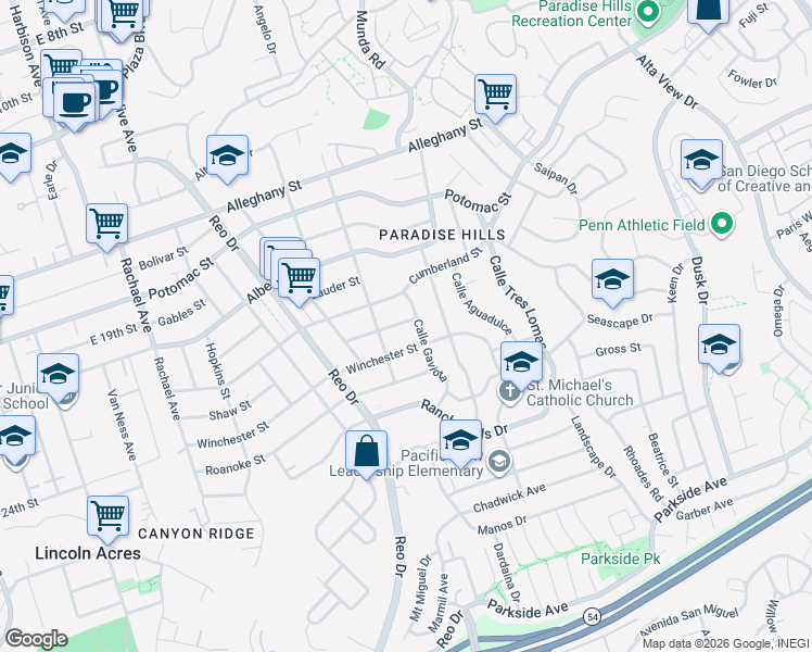 map of restaurants, bars, coffee shops, grocery stores, and more near 2412 Calle Gaviota in San Diego