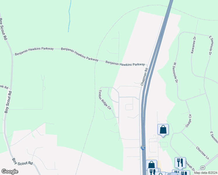 map of restaurants, bars, coffee shops, grocery stores, and more near 109 Timber Ridge Circle in Byron