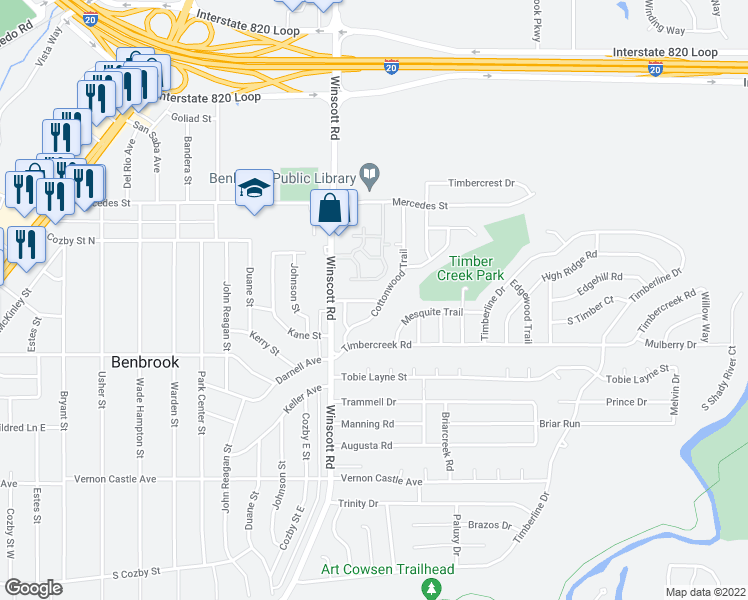 map of restaurants, bars, coffee shops, grocery stores, and more near 1127 Highbush Drive in Benbrook
