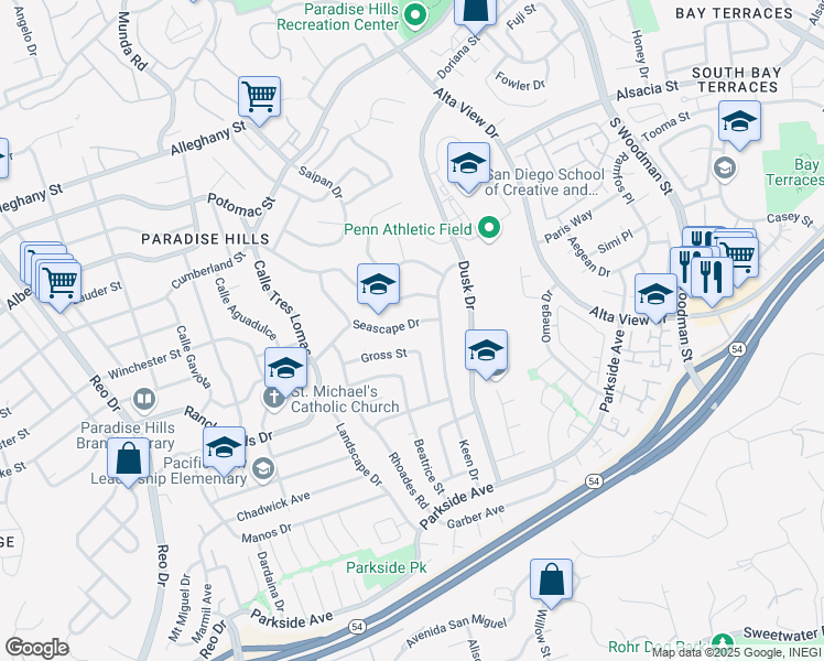 map of restaurants, bars, coffee shops, grocery stores, and more near 6473 Seascape Drive in San Diego