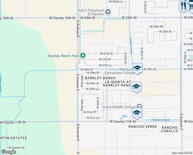 map of restaurants, bars, coffee shops, grocery stores, and more near 4746 28th Lane in Yuma