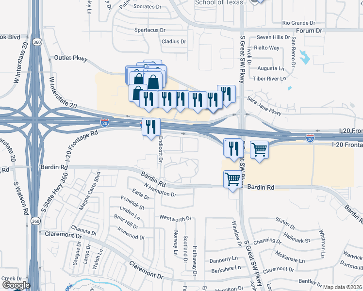 map of restaurants, bars, coffee shops, grocery stores, and more near 2755 West Interstate 20 in Grand Prairie