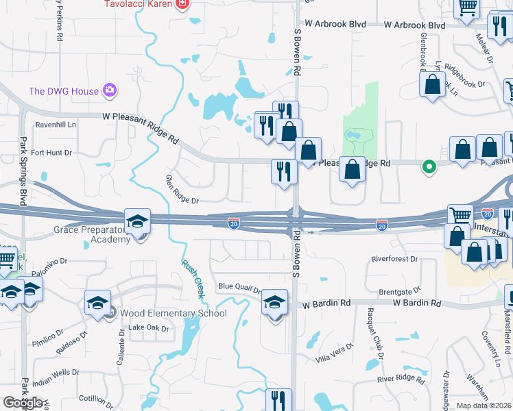 map of restaurants, bars, coffee shops, grocery stores, and more near 2600 Worth Forest Court in Arlington