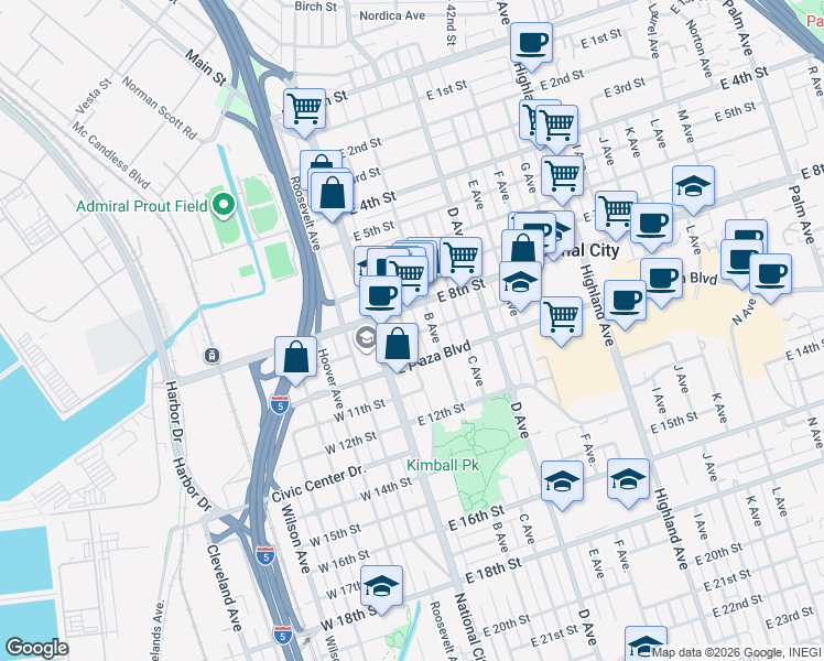 map of restaurants, bars, coffee shops, grocery stores, and more near 107 East 9th Street in National City