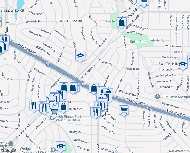map of restaurants, bars, coffee shops, grocery stores, and more near 3805 Willomet Avenue in Fort Worth