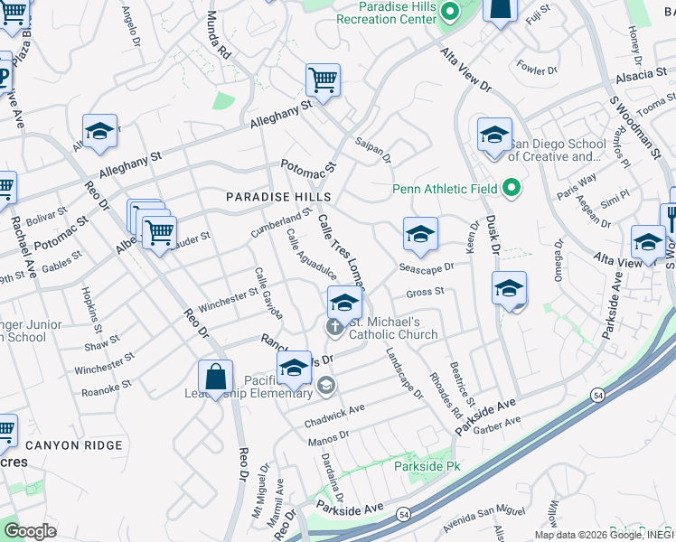 map of restaurants, bars, coffee shops, grocery stores, and more near 2545 Calle Aguadulce in San Diego