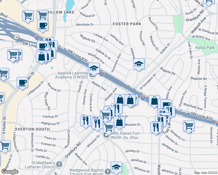 map of restaurants, bars, coffee shops, grocery stores, and more near 4151 Southwest Loop 820 in Fort Worth
