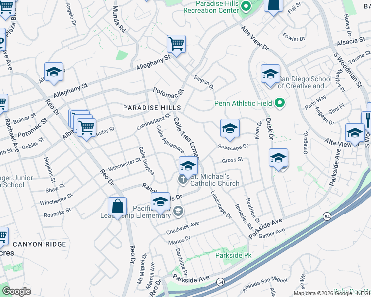 map of restaurants, bars, coffee shops, grocery stores, and more near 2545 Calle Aguadulce in San Diego
