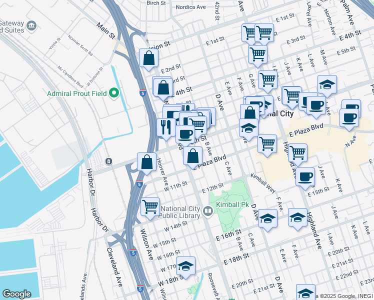 map of restaurants, bars, coffee shops, grocery stores, and more near 801 National City Boulevard in National City
