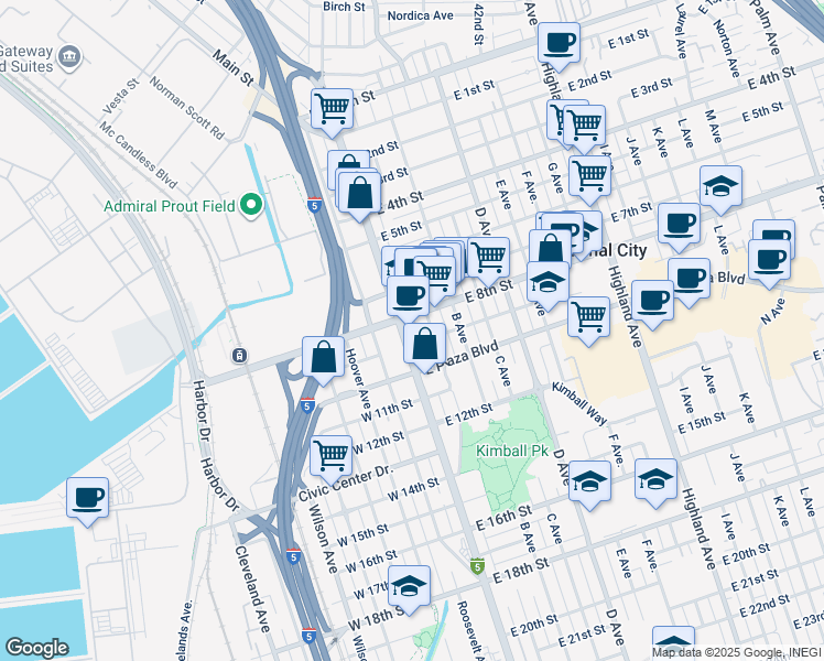map of restaurants, bars, coffee shops, grocery stores, and more near 29 East 8th Street in National City